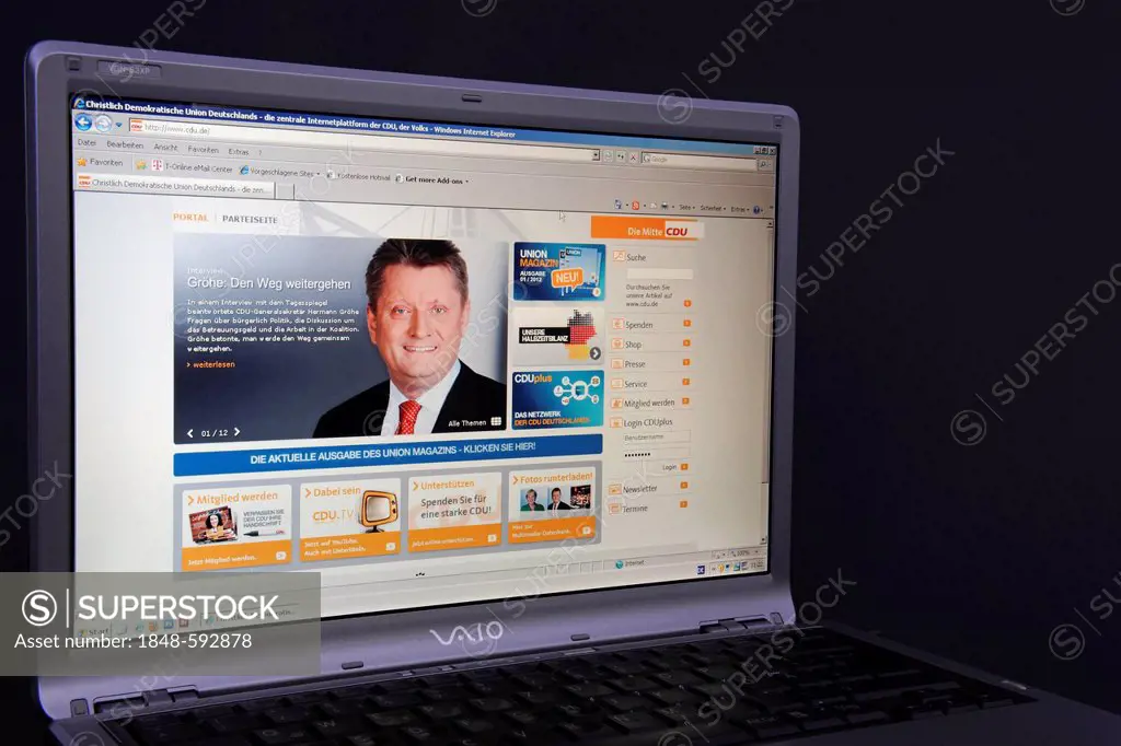 Website, CDU webpage on the screen of a Sony Vaio laptop, Christian Democratic Union of Germany