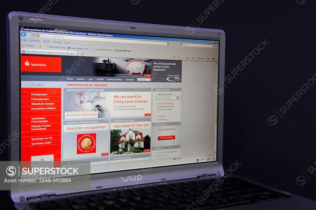 Website, Sparkasse webpage on the screen of a Sony Vaio laptop, a German bank