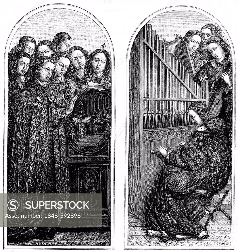 Historical drawing from the 19th Century, angels singing and making music, parts of the Ghent Altarpiece in the St. Bavo Cathedral originally created ...