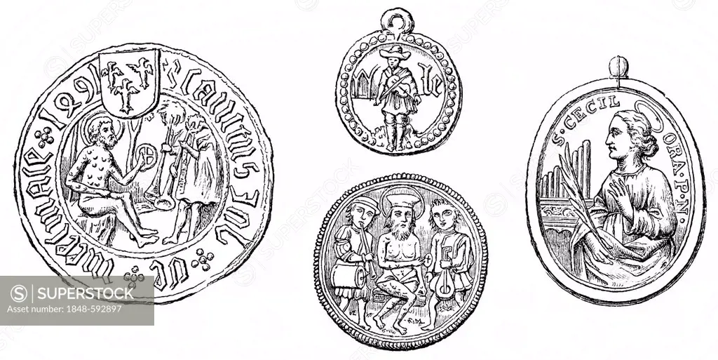 Historical drawing from the 19th Century, seals of musical co-operatives in Belgium, 15th Century