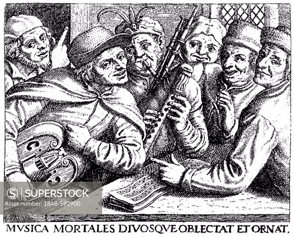Historical drawing from the 19th century, musicians from the Middle Ages with a motto in Latin musica mortales divosque oblectat et ornat, music adorn...