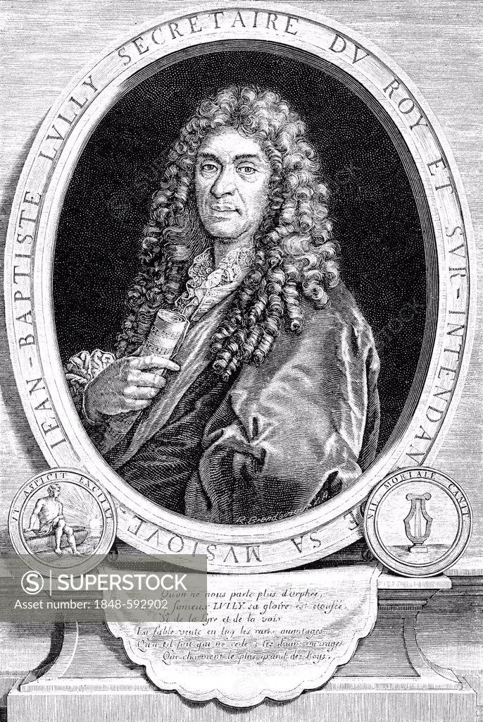 Historical drawing from the 19th Century, portrait of Jean-Baptiste Lully or Giovanni Battista Lulli, 1632-1687, Italien composer at the court of Loui...