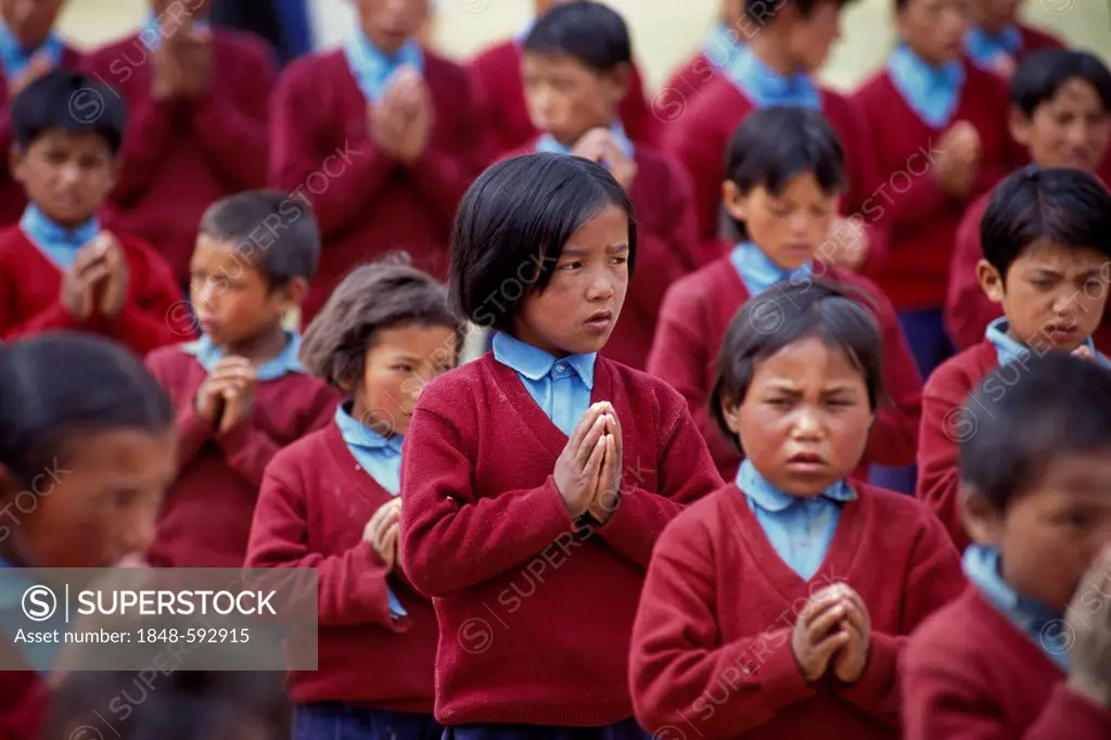 Children at the morning roll call, Jamyang Ling School and boarding school in Reru or Raru near Padum, Zanskar Valley, Ladakh, Jammu and Kashmir, Indi...