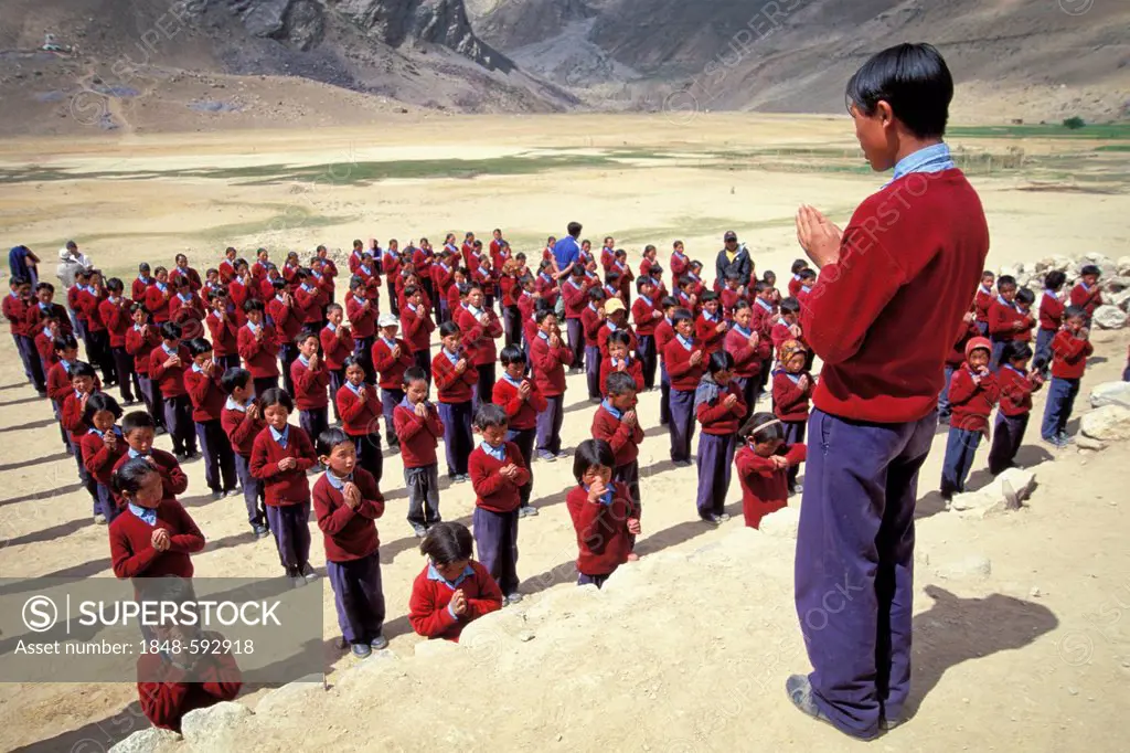 Children and young people at the morning roll call, Jamyang Ling School and boarding school in Reru or Raru, near Padum, Zanskar Valley, Zanskar, Lada...