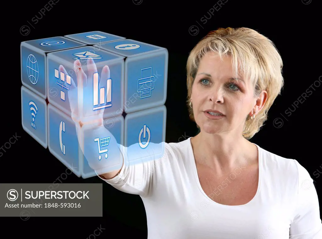 Woman using virtual icons, interactive user interface, symbolic image for virtual work