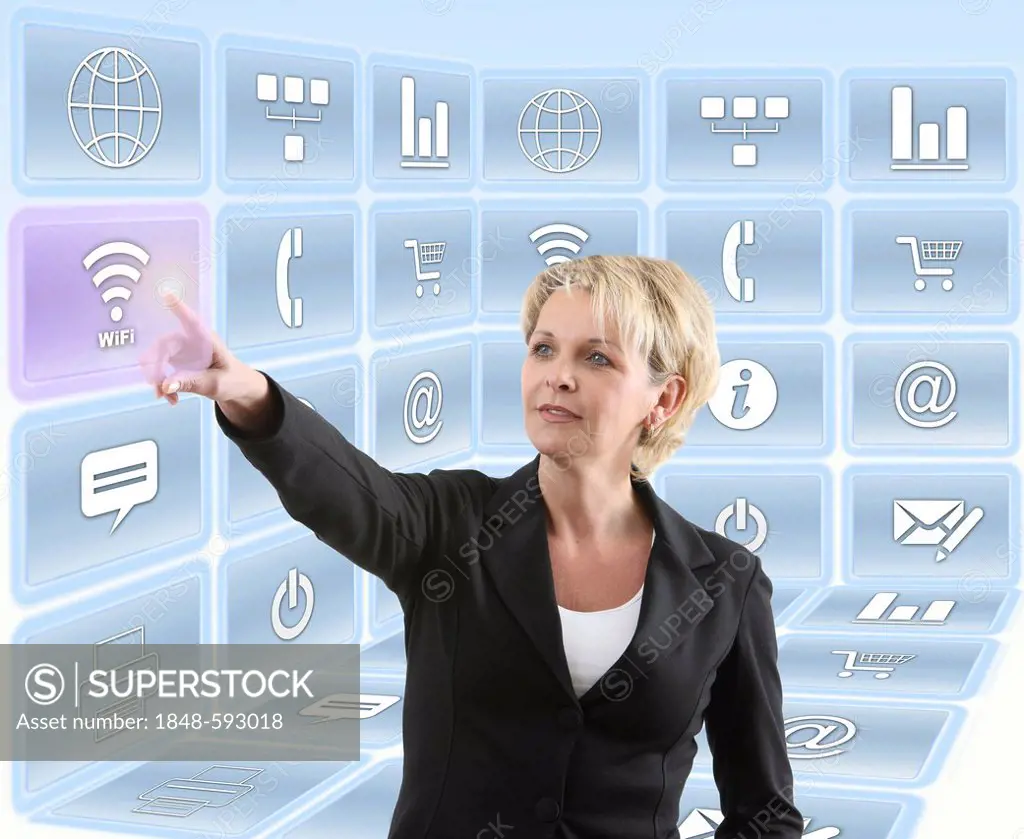 Woman using virtual icons, interactive user interface, symbolic image for virtual work