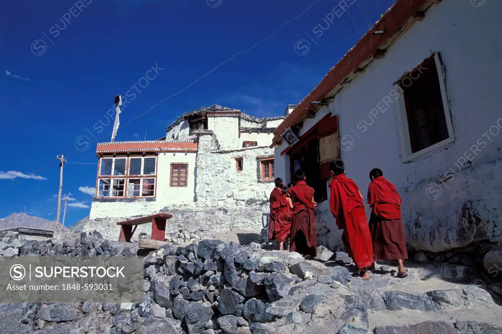 Young monks, novices, Deskit or Diskit Monastery, Gompa, Hunder, Nubra Valley, Ladakh, Indian Himalayas, Jammu and Kashmir, North India, India, Asia