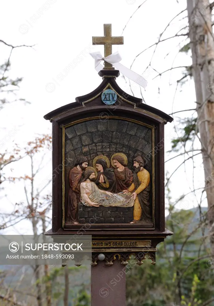 Stations of the Cross at Riederstein, Station XIV, Jesus is laid in the tomb, Rottach-Egern, Lake Tegernsee, Upper Bavaria, Bavaria, Germany, Europe, ...