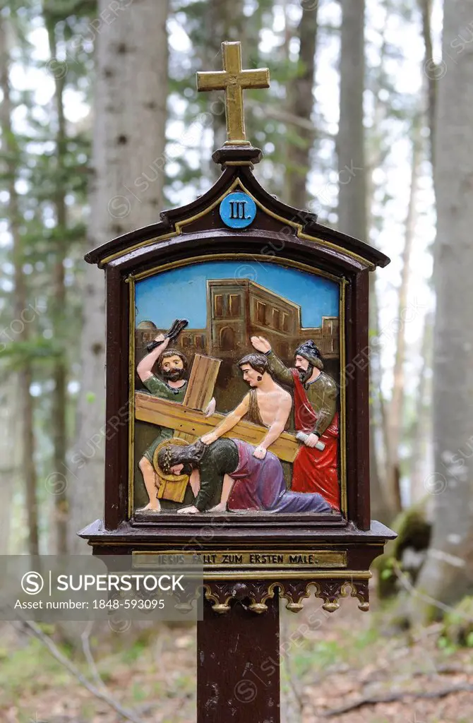 Stations of the Cross at Riederstein, Station III, Jesus falls the first time, Rottach-Egern, Lake Tegernsee, Upper Bavaria, Bavaria, Germany, Europe,...