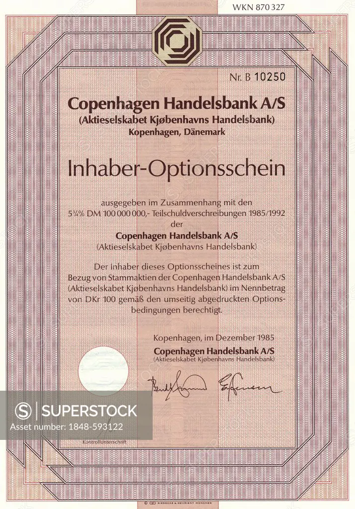 Securities certificate, bearer warrant, German mark, Danish kroner, Copenhagen Handelsbank A/S, Aktieselskabet Kjøbenhavns Handelsbank, Copenhagen, De...