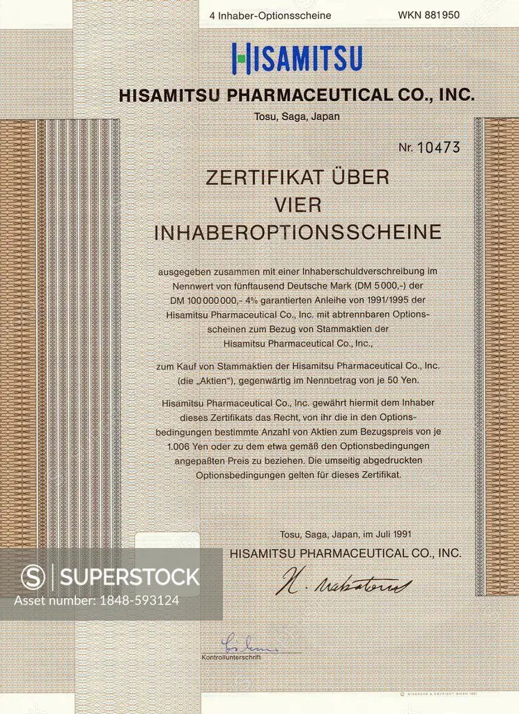 Securities certificate, bearer warrant, Japanese yen, German mark, pharmaceutical company, Hisamitsu Pharmaceutical Co. Inc., Tosu, Saga, Japan, Asia,...