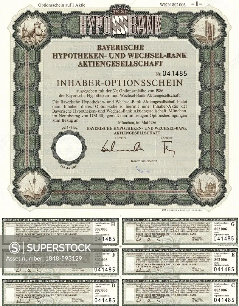 Securities certificate, bearer warrant, 50 German marks, Bayerische Hypotheken- und Wechsel-Bank Aktiengesellschaft, Munich, Germany, Europe, 1986