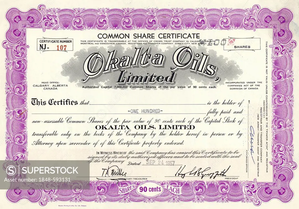 Historical stock certificate of an oil and gas company, Okalta Oils Limited, Calgary, Alberta, Canada, 1957