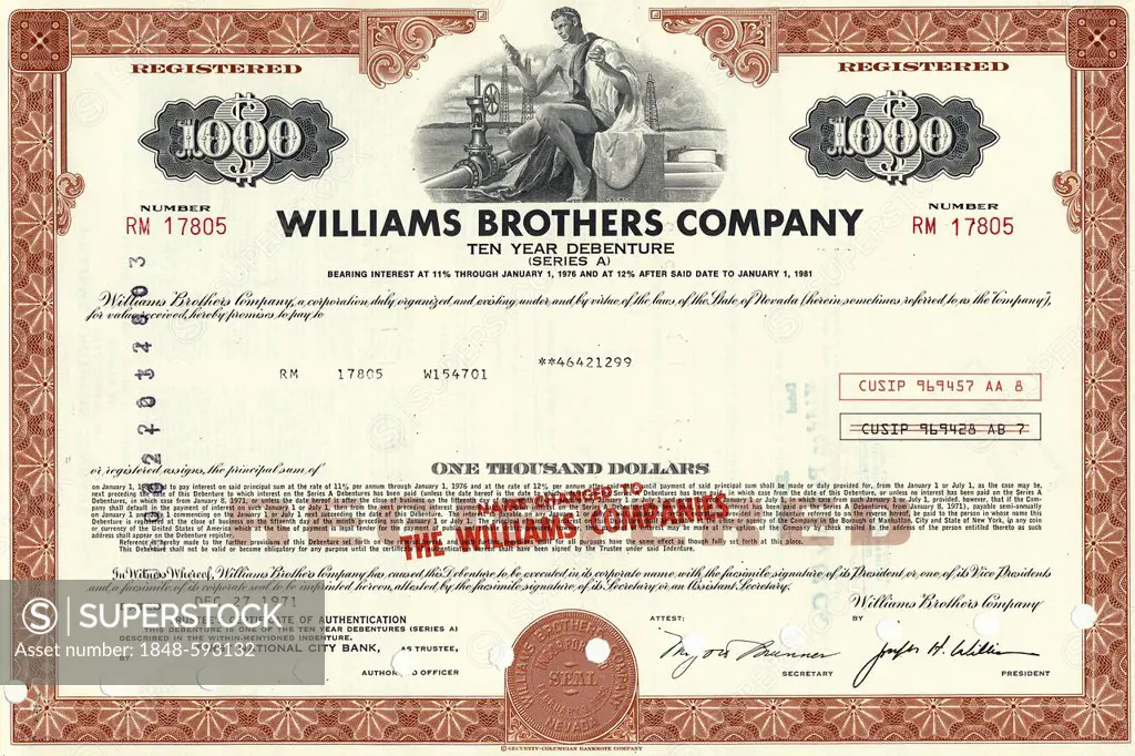 Historical stock certificate of an oil and gas company, oil pipeline, energy company, design showing a man checking the quality of oil in a pipeline i...