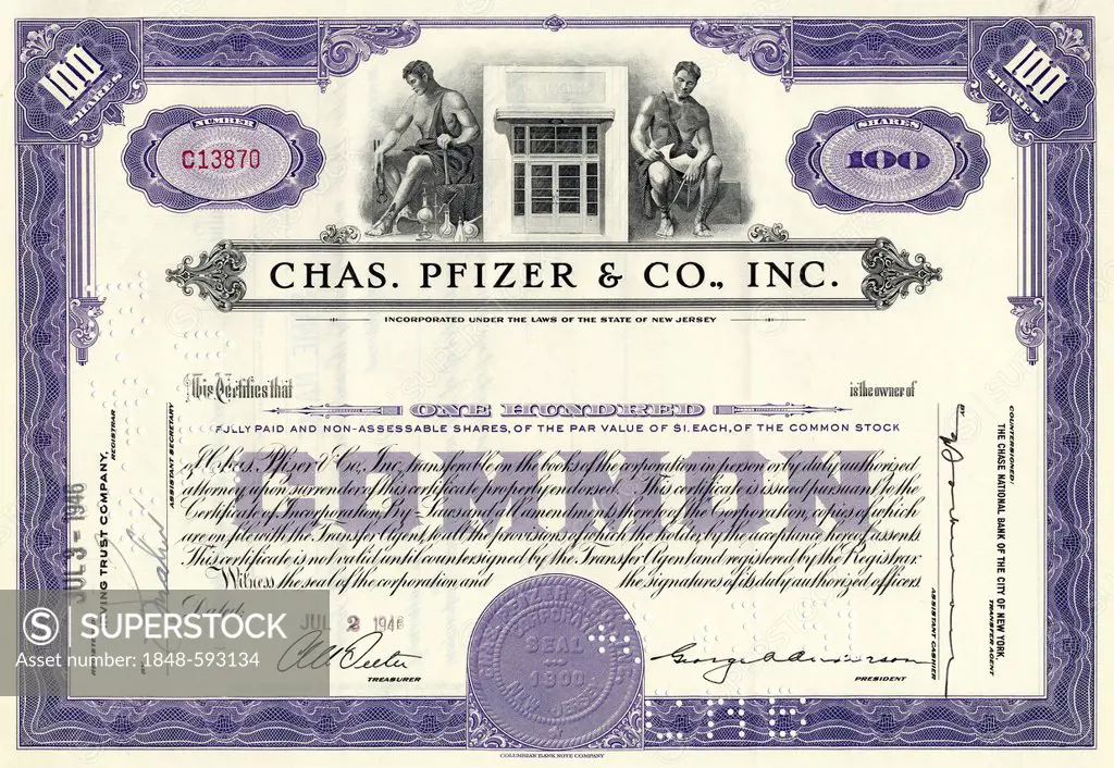 Historical stock certificate of a pharmaceutical company, Chas. Pfizer & Co., Inc., New Jersey, USA, 1946