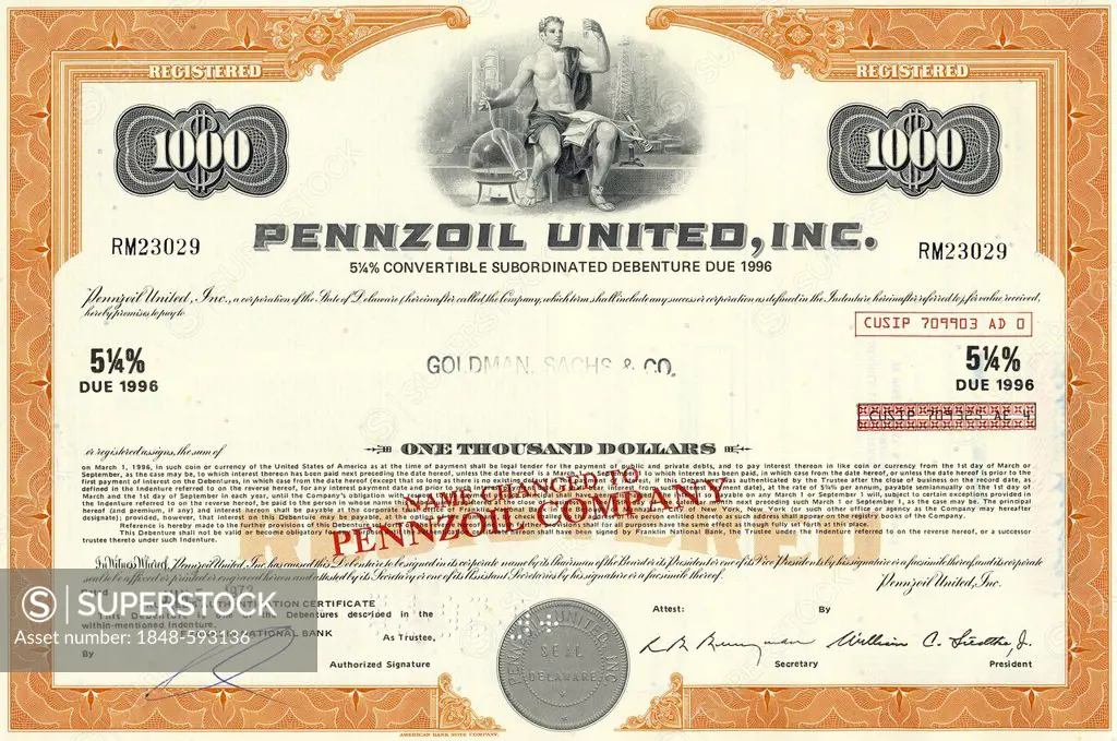 Historical stock certificate, Goldman Sachs was the owner, oil and gas company, energy company, Pennzoil United, Inc., Delaware, USA, 1972