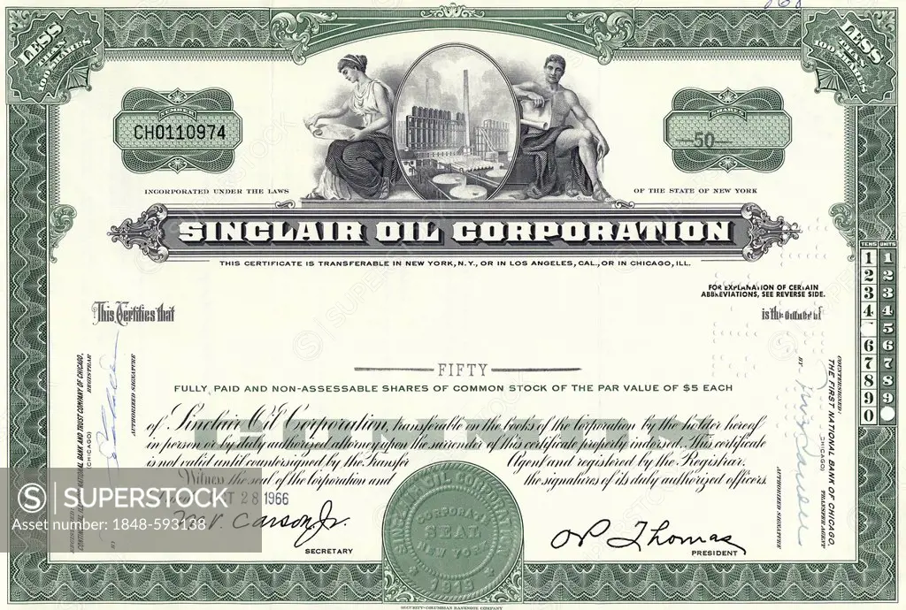 Historical stock certificate of an oil and gas company, oil pipeline, design showing oil tanks in front of an industrial plant, Sinclair Oil Corporati...