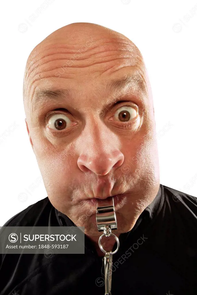 Referee blowing a whistle, energetic, portrait