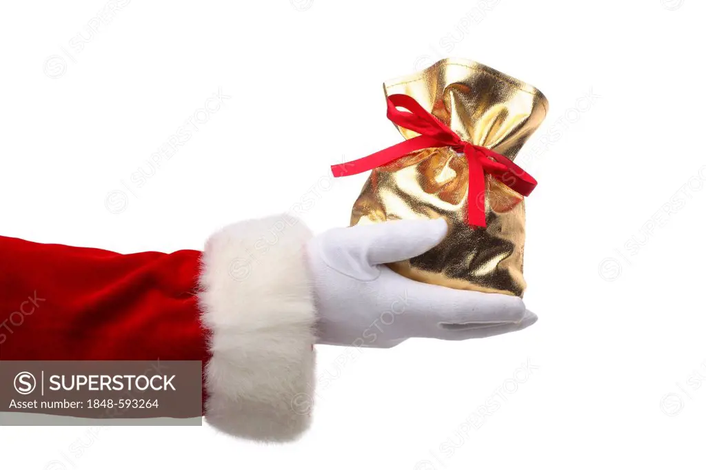 Santa Claus, detail of an arm handing over a Christmas present