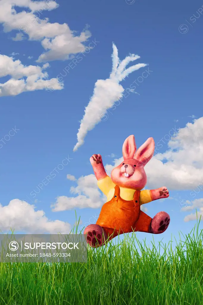 Bunny reaching for a cloud shaped like a carrot, illustration