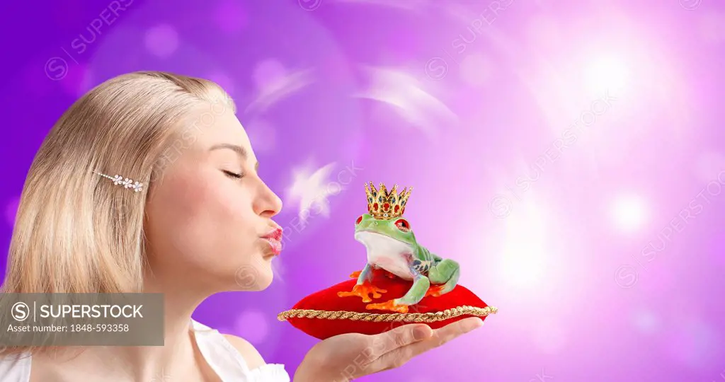 Woman kissing a frog prince