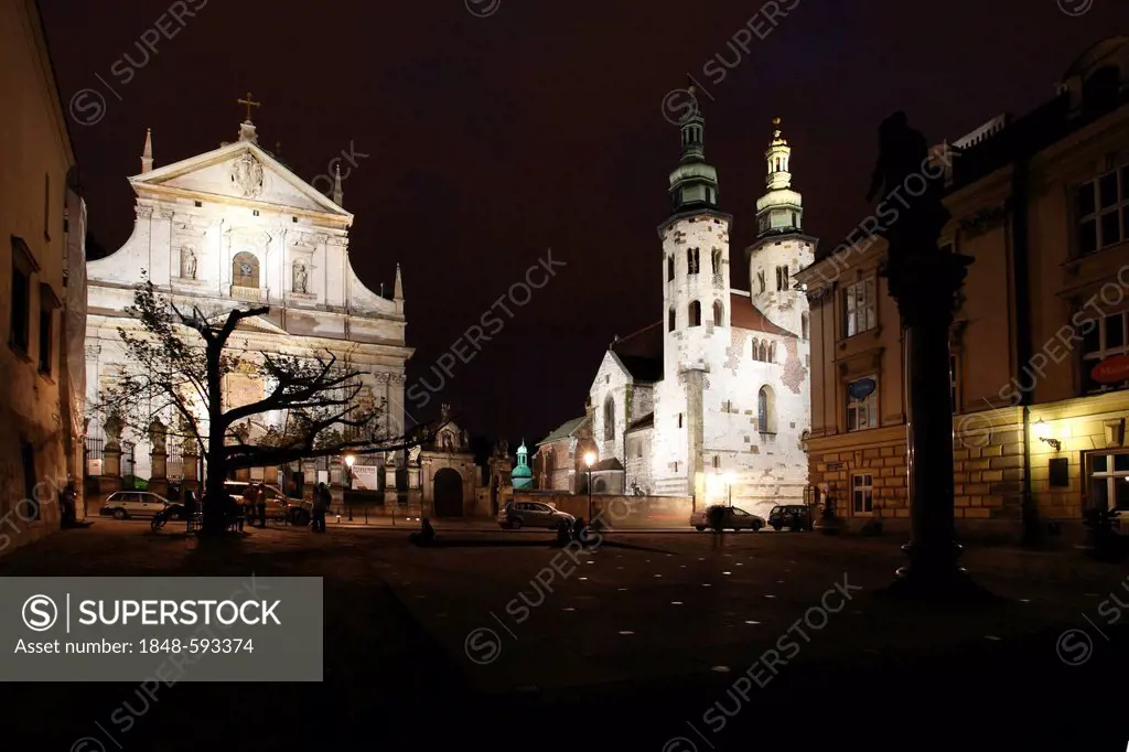 Church of St. Peter and Paul, St. Andrew's Church, Mary Magdalene square at night, Krakow, Poland, Europe