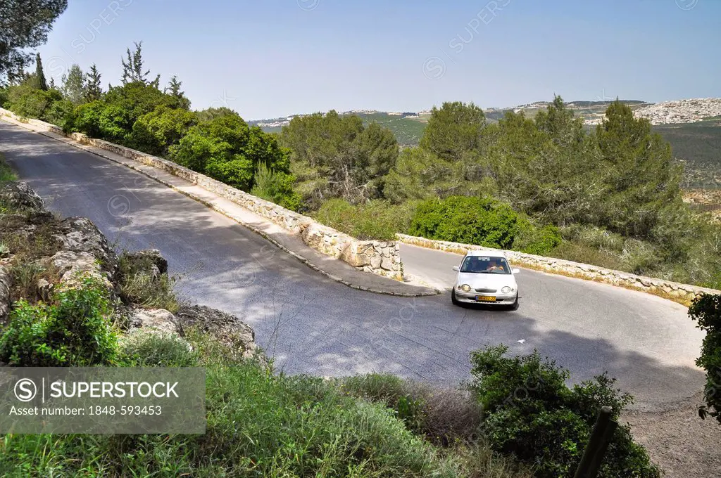 Car on the road on Mount Tabor, Israel, Middle East, Southwest Asia, Asia