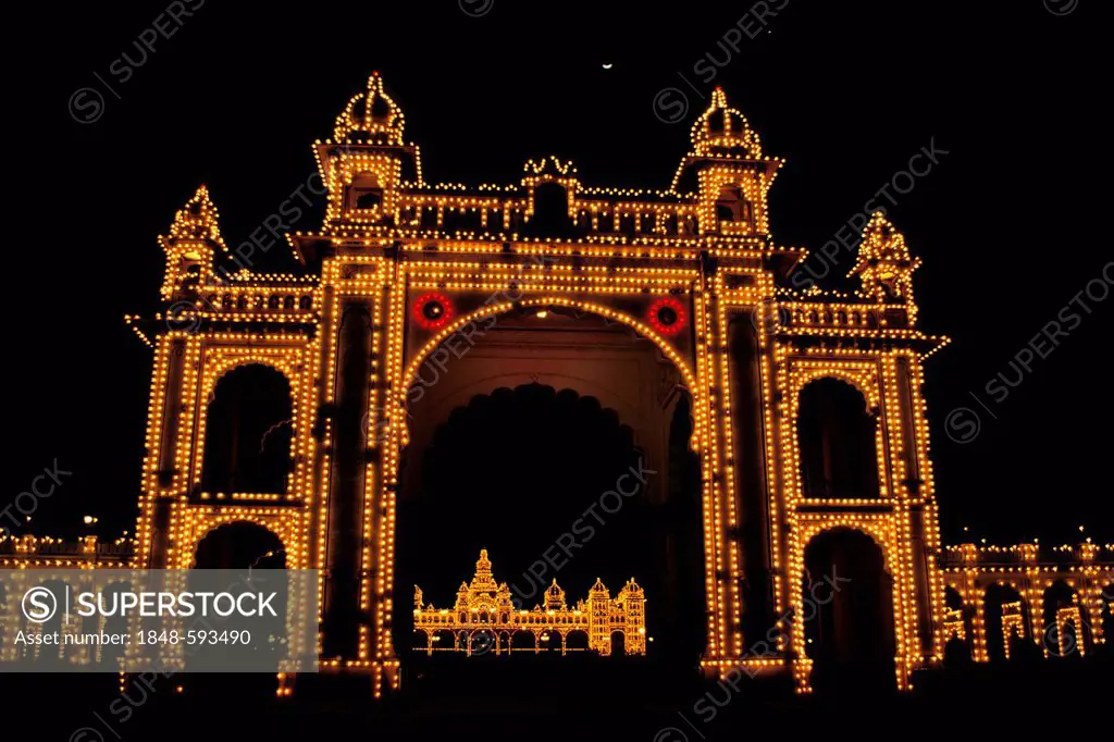 Illuminated entrance gate, Amba Vilas Palace, Mysore or Mysuru, Karnataka, South India, India, Asia