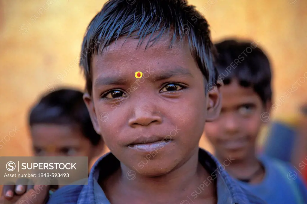 Boy, portrait, with a yellow bindi on his forehead, Karaikudi, Tamil Nadu, South India, India, Asia