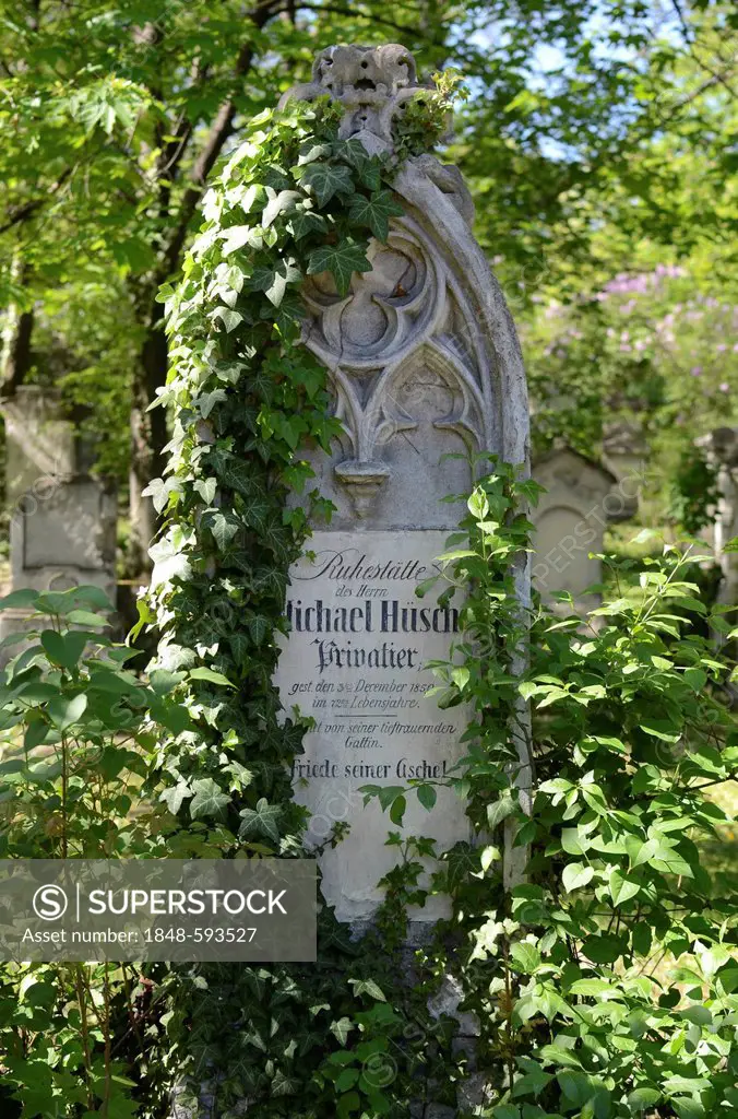 Half overgrown grave stone, St. Marx Cemetery, Vienna, Austria, Europe