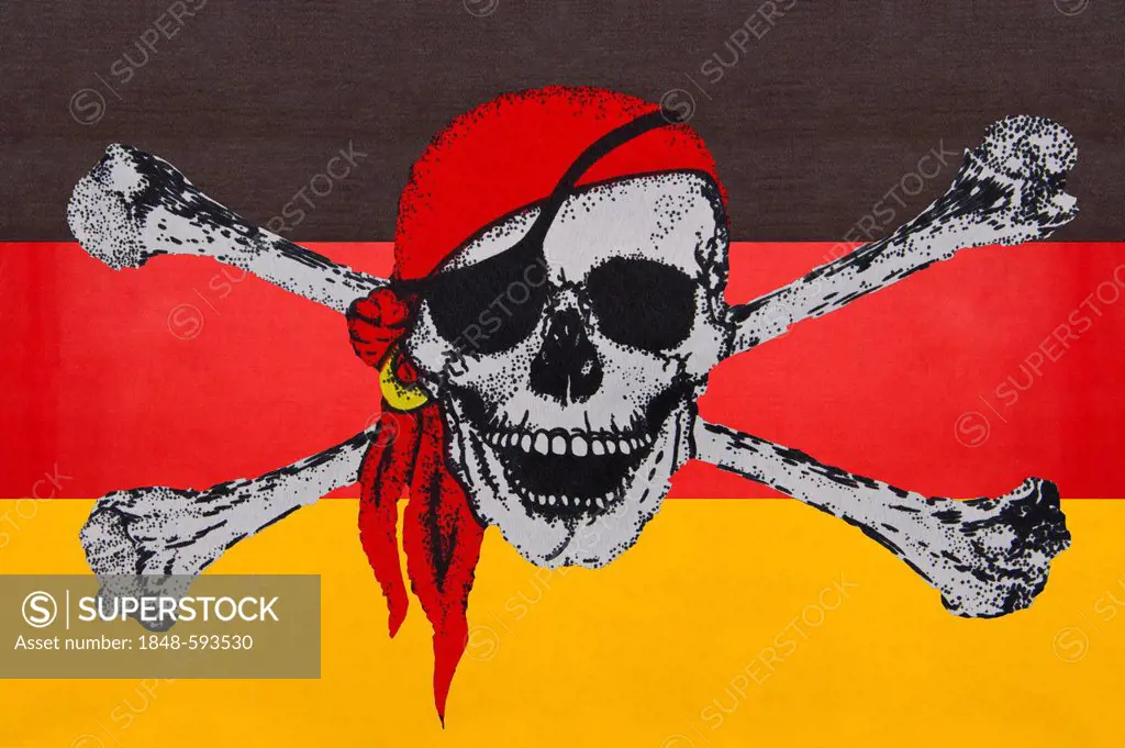 German flag with a pirate symbol, symbolic image of the Pirate Party conquering Germany