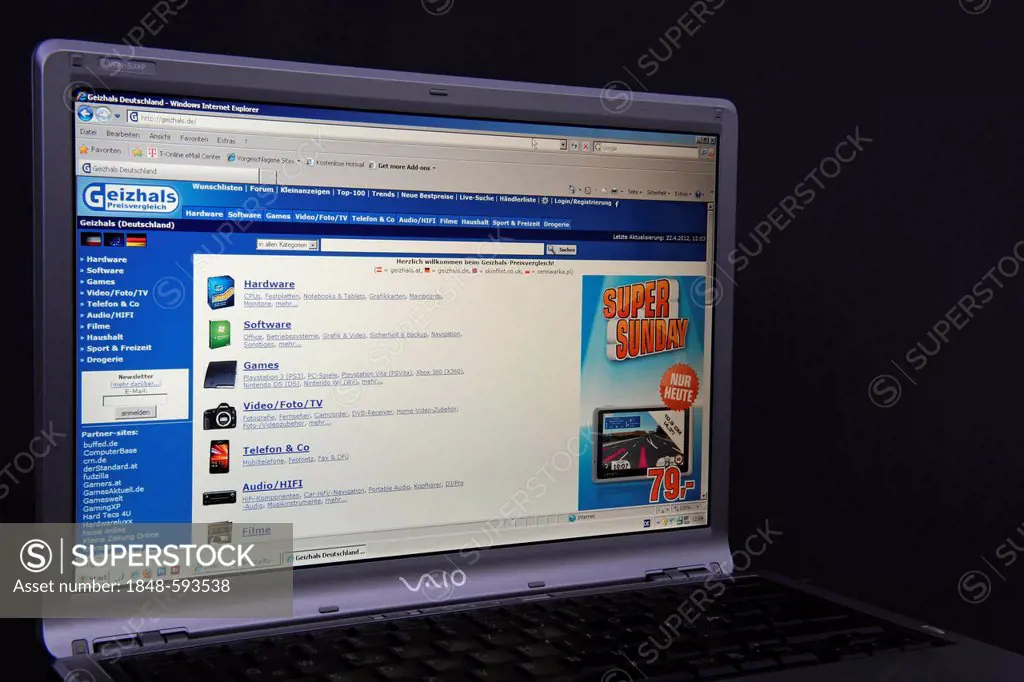 Website, Geizhals.de webpage on the screen of a Sony Vaio laptop, a German price check service