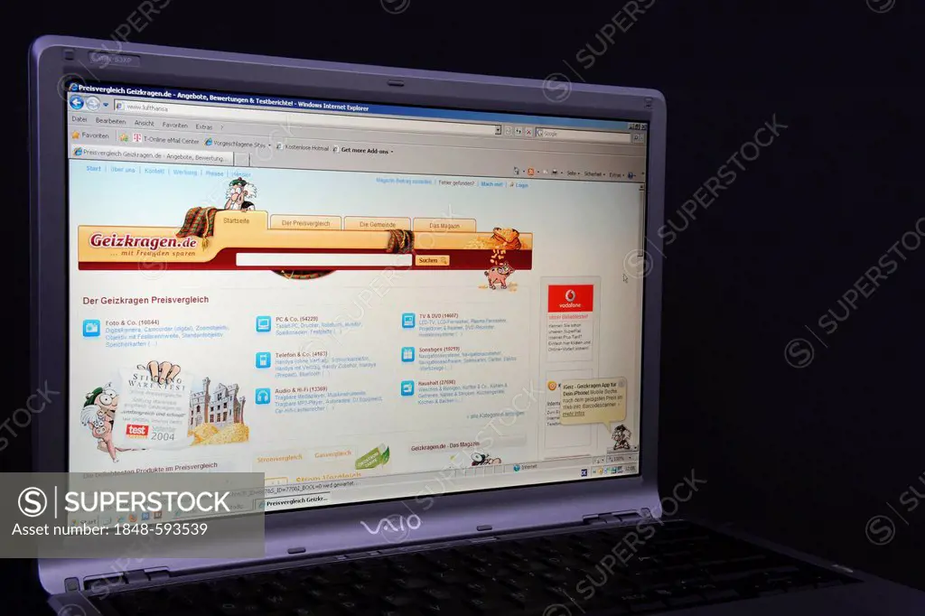 Website, Geizkragen.de webpage on the screen of a Sony Vaio laptop, a German price check service