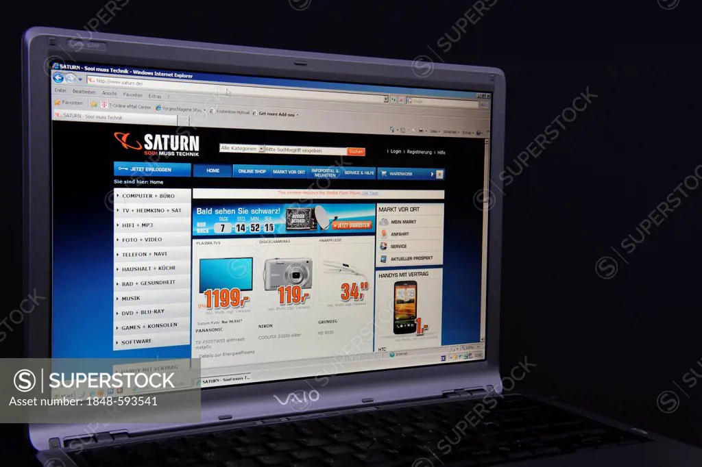 Website, Saturn webpage on the screen of a Sony Vaio laptop, a German chain of electronics stores