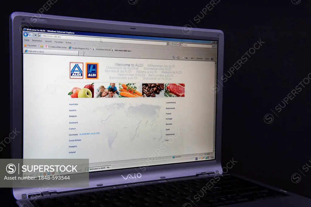 Website, German Aldi webpage on the screen of a Sony Vaio laptop, a discount supermarket chain based in Germany