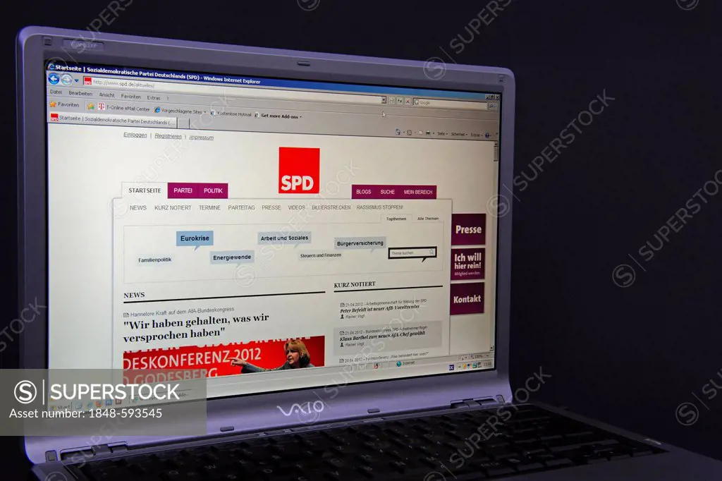 Website, SPD webpage on the screen of a Sony Vaio laptop, Social Democratic Party of Germany