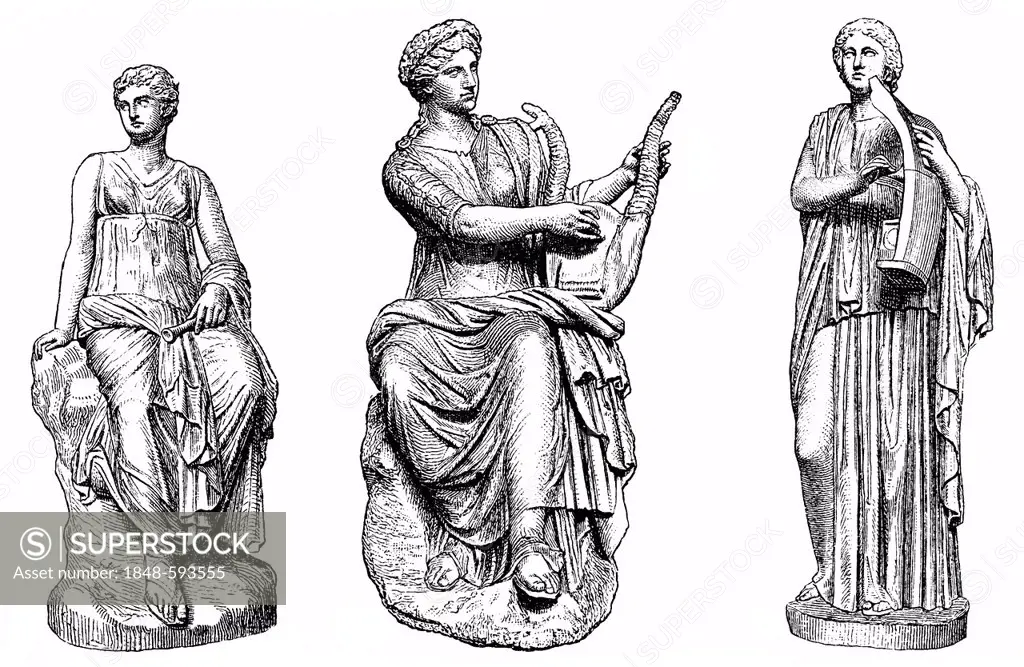 Historical drawing from the 19th Century, ancient Greek deities, from left: Euterpe, the muse of music, Erato, the muse of lyric poetry and Terpsichor...