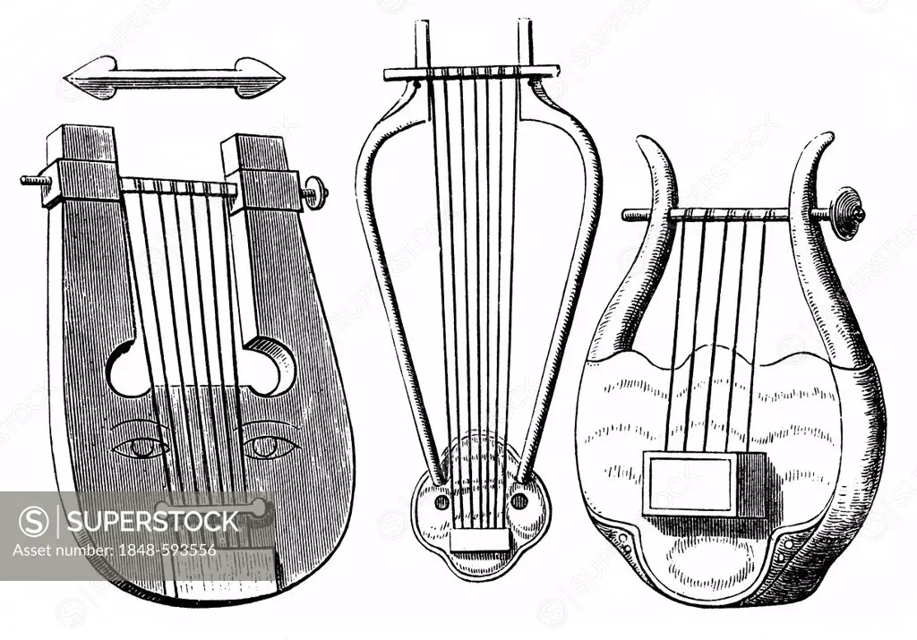 Historical drawing from the 19th Century, Greek stringed instruments or chordophones of antiquity, lyre, psaltery or lyre and chelys