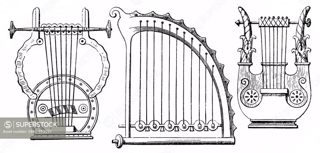 Historical drawing from the 19th Century, Greek stringed instruments or chordophones of antiquity, great lyre and trigonon