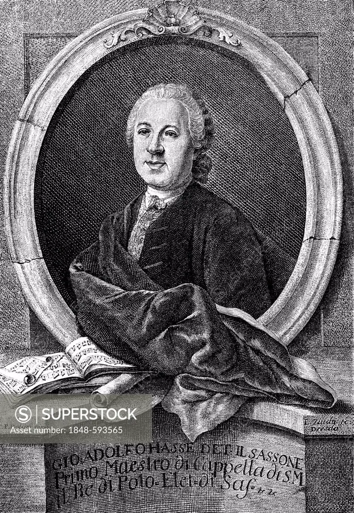 Historical drawing from the 19th Century, portrait of Johann Adolph Hasse or Giovanni Adolfo, 1699-1783, German composer of the late Baroque