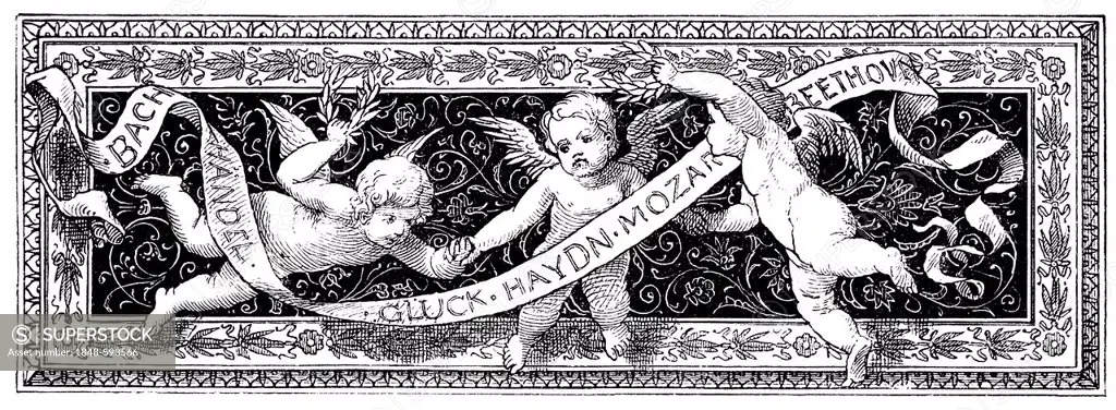 Historical drawing from the 19th Century, decorative banner with putti and a ribbon with the names of classical composers, Bach, Handel, Beethoven and...