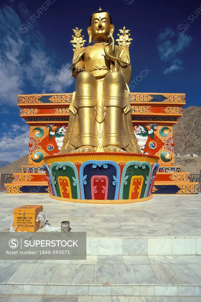 Large gold-plated Buddha statue of the Maitreya at the Likir Monastery, Ladakh, Jammu and Kashmir, North India, India, Asia