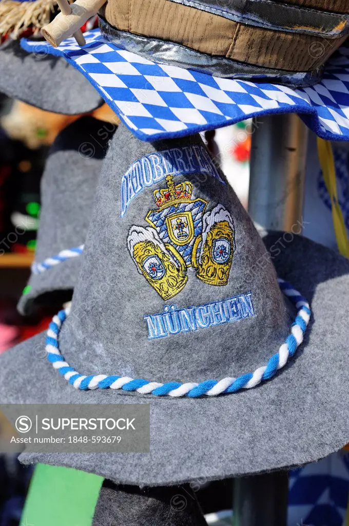 Felt hat with the wording Oktoberfest, souvenir stall, Munich, Bavaria, Germany, Europe