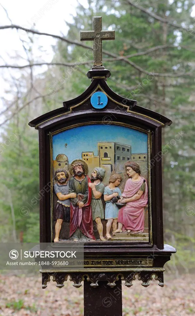 Stations of the Cross at Riederstein, Station I, Jesus is condemned to death, Rottach-Egern, Lake Tegernsee, Upper Bavaria, Bavaria, Germany, Europe, ...