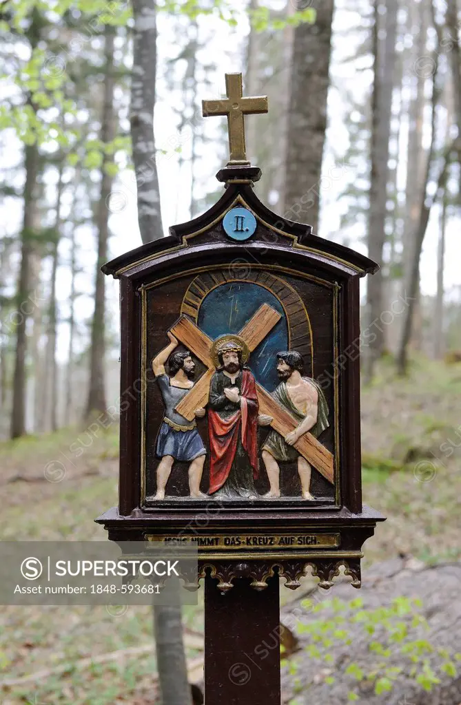 Stations of the Cross at Riederstein, Station II, Jesus takes his cross, Rottach-Egern, Lake Tegernsee, Upper Bavaria, Bavaria, Germany, Europe, Publi...