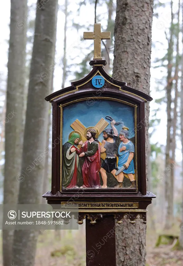 Stations of the Cross at Riederstein, Station IV, Jesus meets his mother, Rottach-Egern, Lake Tegernsee, Upper Bavaria, Bavaria, Germany, Europe, Publ...