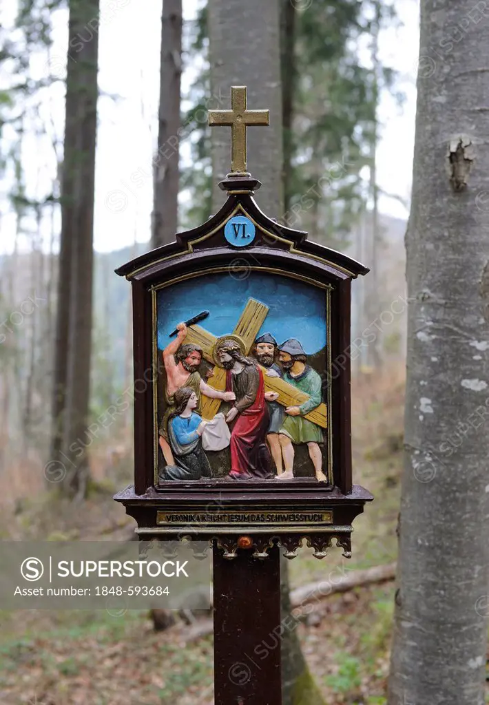 Stations of the Cross at Riederstein, Station VI, Veronica passes Jesus the veronica, Rottach-Egern, Lake Tegernsee, Upper Bavaria, Bavaria, Germany, ...