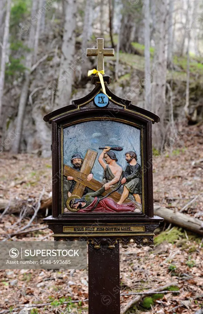 Stations of the Cross at Riederstein, Station IX, Jesus falls the third time, Rottach-Egern, Lake Tegernsee, Upper Bavaria, Bavaria, Germany, Europe, ...
