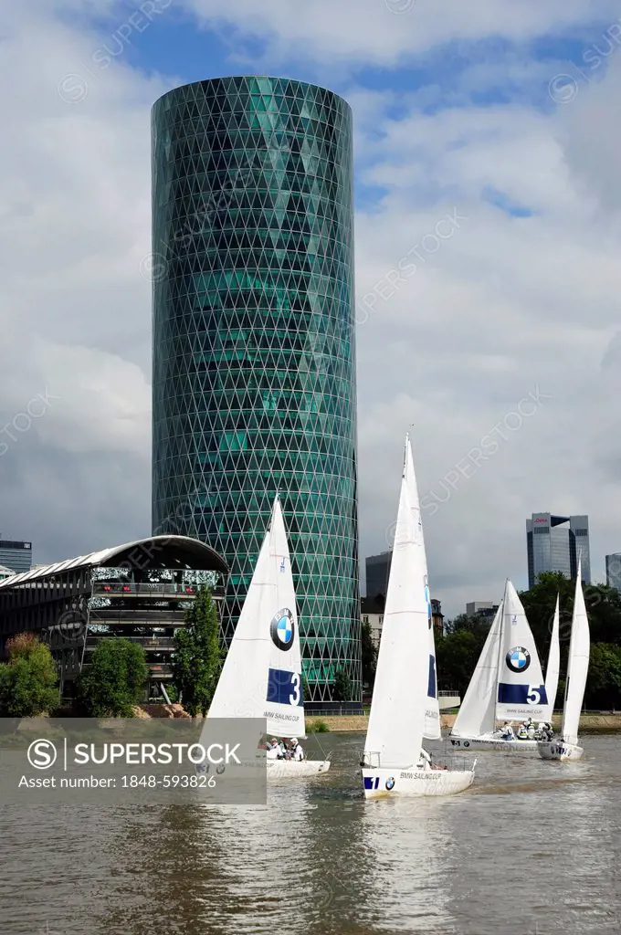 Sailing boats on the river, BMW Sailing Cup, Westhafen Tower in the Gutleutviertel quarter, Frankfurt am Main, Hesse, Germany, Europe