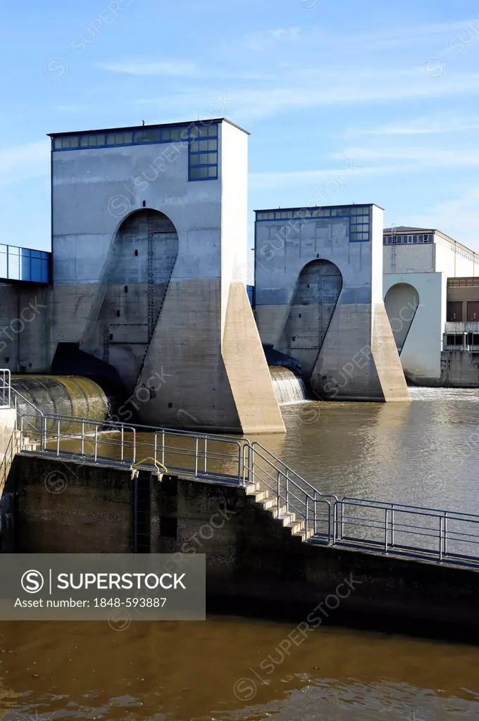 Electricity generation by hydraulic power at the Griesheim barrage, dam with sluice, Frankfurt am Main, Hesse, Germany, Europe